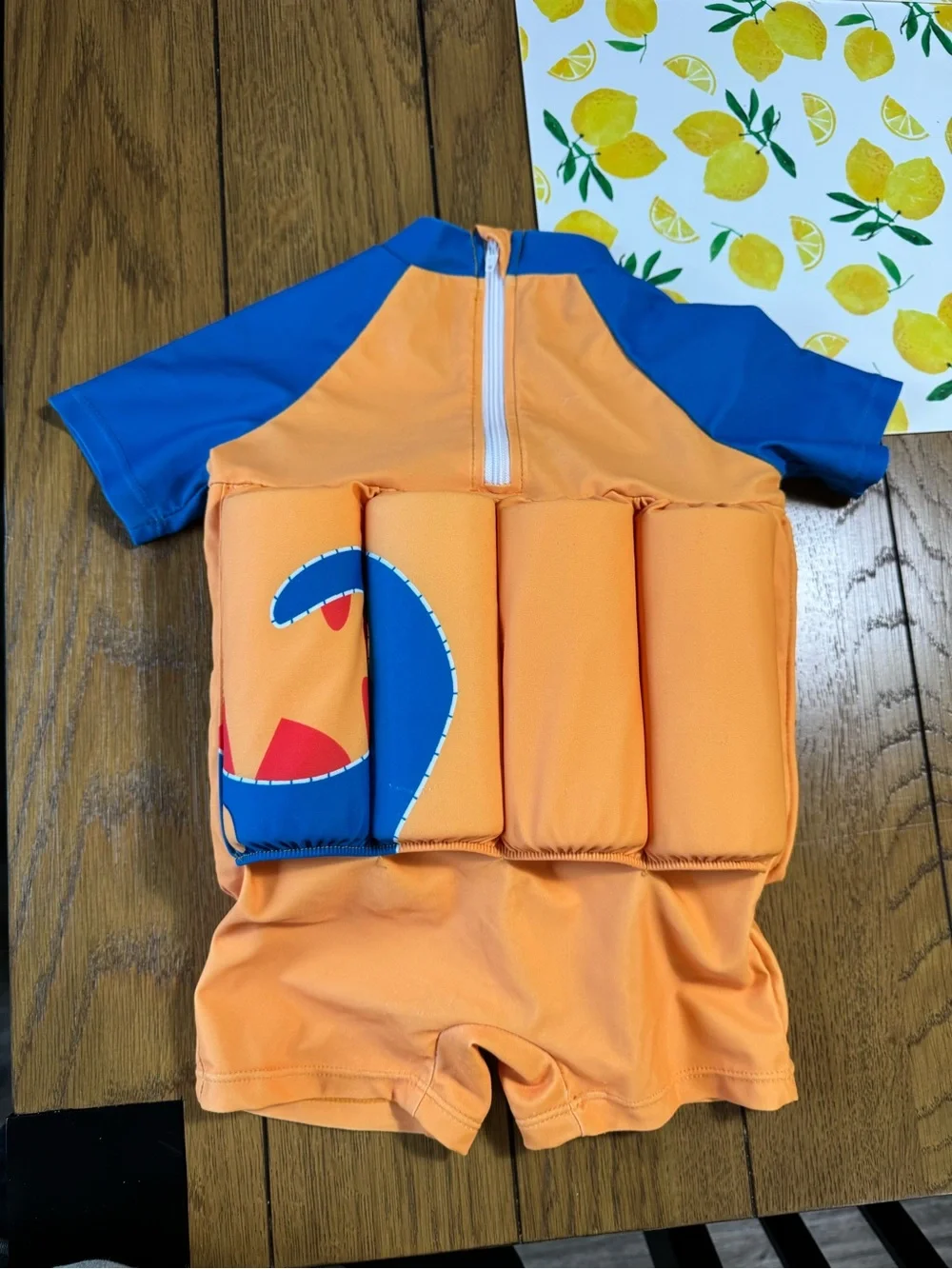 Kids Orange & Blue Swim Float Suit with Dino Graphic
